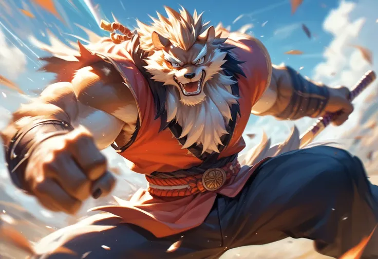 top quality, high-quality illustrations((masterpiece))depth of field, motion blur, absurdres, Perfect Anatomy, magnificent picture of kemono fighting fierce battles, kemono, 1boy, solo focus, Anthro((dramatic))epic, weapon, dynamic pose, One scene of movie...