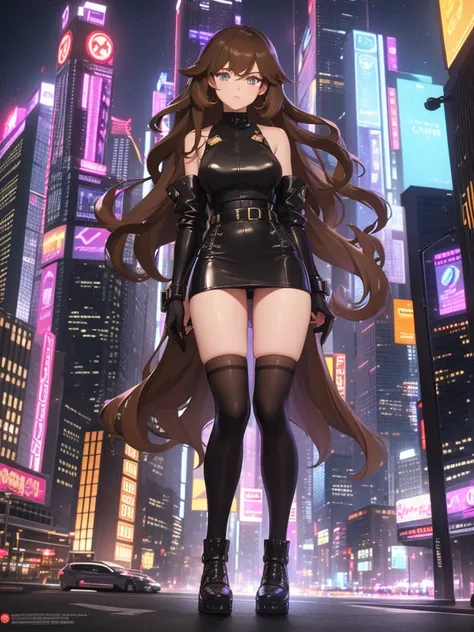 Sure, heres a prompt for you:

"A futuristic girl stands confidently in the bustling heart of a neon-lit city. She has wavy brown hair that cascades down to her shoulders, complementing her bold and daring look. Her outfit consists of a sleek, high-tech mi...