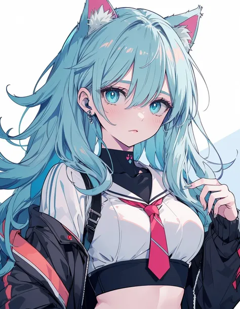 cyber punk, shaded face, jitome, midriff, tattoo, cyber clothed, ((masterpiece, best quality:1.5)), ((Beautiful detailed cat aqua eyes:1.2)), cat ears, pale skin, medium breasts, beautiful hands, beautiful fingers, EasyNegative