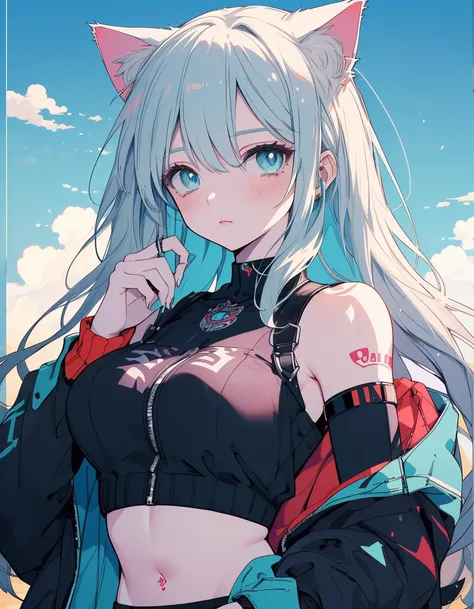 cyber punk, shaded face, jitome, midriff, tattoo, cyber clothed, ((masterpiece, best quality:1.5)), ((Beautiful detailed cat aqua eyes:1.2)), cat ears, pale skin, medium breasts, beautiful hands, beautiful fingers, EasyNegative