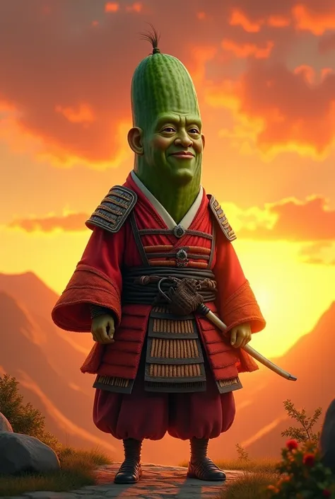 Pickle man, funny Face, samurai costume, realist, sunset.