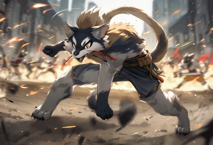 top quality, high-quality illustrations((masterpiece))depth of field, motion blur, absurdres, Perfect Anatomy, magnificent picture of kemono fighting fierce battles, kemono, 1boy, solo focus, Anthro((dramatic))epic, weapon, dynamic pose, One scene of movie...