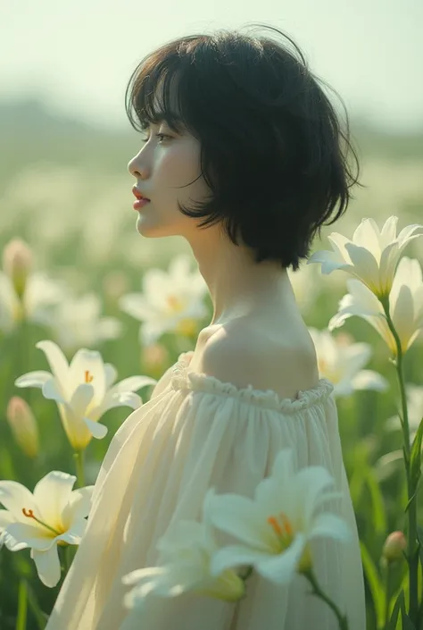 a tranquil scene featuring a young woman with short, tousled black hair, set against a dreamy backdrop of soft pastel colors. She is dressed in a flowing, light-colored garment, exuding an ethereal quality. The composition captures her profile, highlightin...