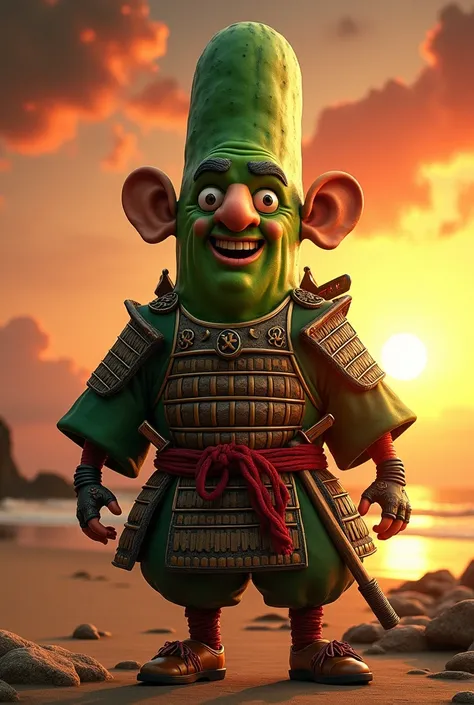 Pickle man, funny Face, samurai costume, realist, sunset.