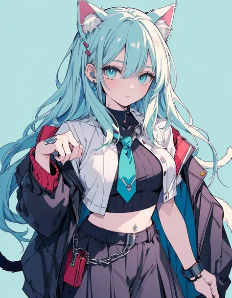 cyber punk, shaded face, jitome, midriff, tattoo, cyber clothed, ((masterpiece, best quality:1.5)), ((Beautiful detailed cat aqua eyes:1.2)), cat ears, pale skin, medium breasts, beautiful hands, beautiful fingers, EasyNegative