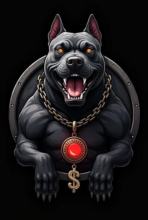 Round shield with very angry black Pitbull in 2D in a drawing with a black background and a thick chain around the neck with a dollar sign pendant with a red eye 