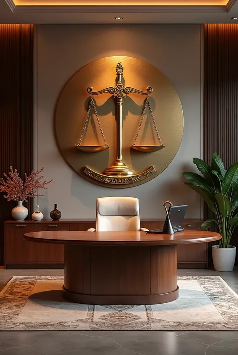 Interior decor for an advocate office with beautiful wall sculpture on one wall with advocate written on it and with symbol of justice balance scale 