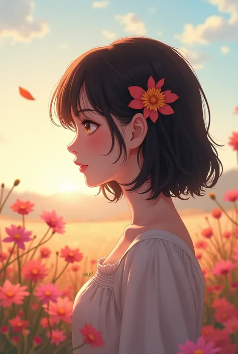 anime girl with flowers in the background, profile of anime girl, beautiful anime portrait, ilya kuvshinov landscape, artwork in the style of guweiz, anime. soft lighting, beautiful anime artwork, guweiz, anime aesthetic, lofi portrait, anime girl portrait...