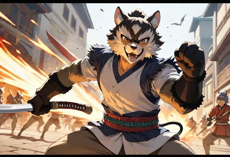 top quality, high-quality illustrations((masterpiece))depth of field, motion blur, absurdres, Perfect Anatomy, magnificent picture of kemono fighting fierce battles, kemono, 1boy, solo focus, Anthro((dramatic))epic, weapon, dynamic pose, One scene of movie...