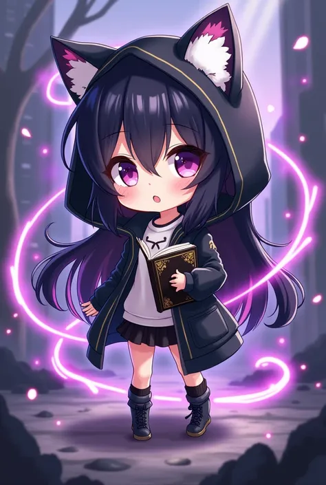 Anime figure of a girl with cat ears, hooded sweatshirt, Anime moe art style, demon slayer rui fanart, chibi!!! Catgirl, Chibi Anime Girl, black-haired magician white strands with black open magic book with decorations in one hand, Anime-Chibi, anime Catgi...