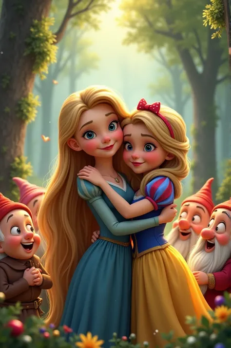 Create an image of Rapunzel hugging Snow White and the seven dwarfs