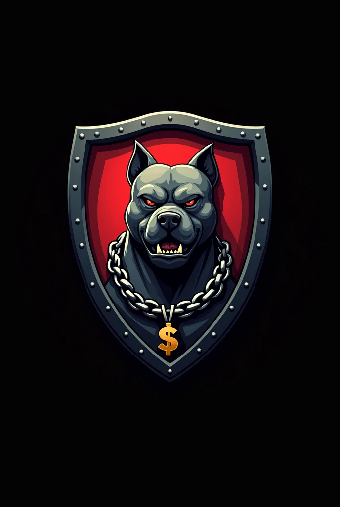 Smooth round shield with evil Pitbull in 2D design with black background and thick chain around the neck with dollar sign pendant 