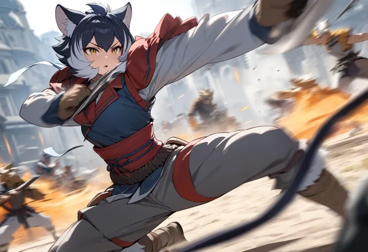 top quality, high-quality illustrations((masterpiece))depth of field, motion blur, absurdres, Perfect Anatomy, magnificent picture of kemono fighting fierce battles, kemono, 1boy, solo focus, Anthro((dramatic))epic, weapon, dynamic pose, One scene of movie...