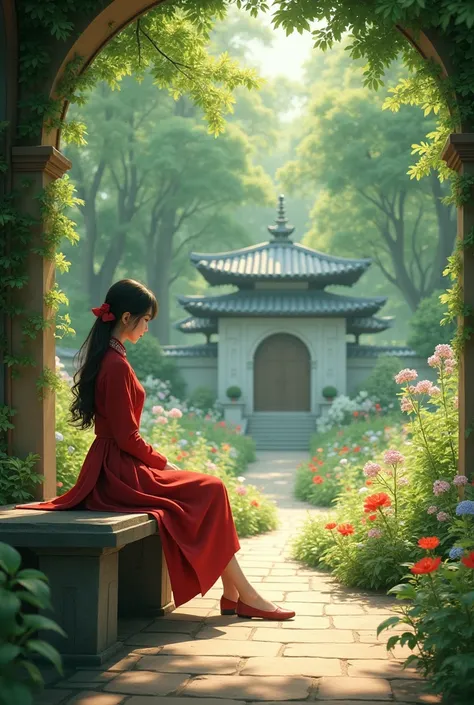 a girl seating in a beautiful garden inside her university with her red uniform.
