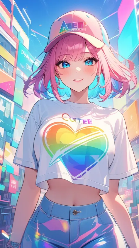 masterpiece,bestquality,superwideangle,fingeraudience,1girl, baseballcaps,pinkandbluehair,hand,cuteanimeface,tears,masterpiece,transparentcolorPVCclothing,transparentcolorvinylclothing,wholebody,glitchlump}onface,smile,mediumhair,filmgrain,lens_flare,color...