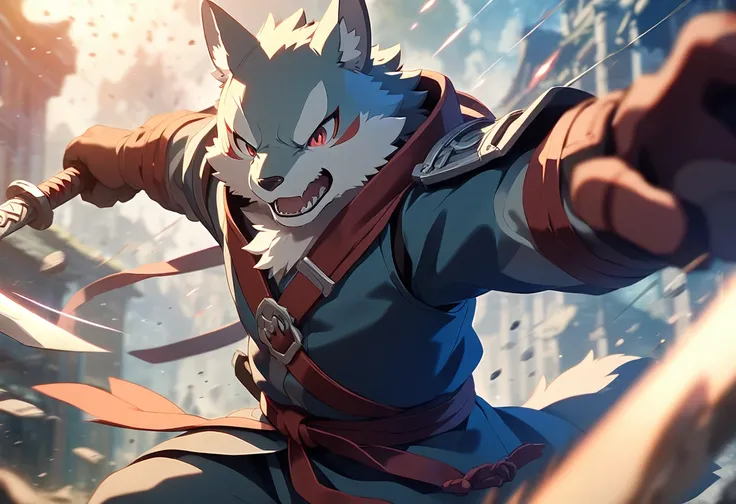 top quality, high-quality illustrations((masterpiece))depth of field, motion blur, absurdres, Perfect Anatomy, magnificent picture of kemono fighting fierce battles, kemono, 1boy, solo focus, Anthro((dramatic))epic, weapon, dynamic pose, One scene of movie...