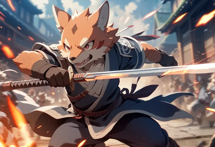 top quality, high-quality illustrations((masterpiece))depth of field, motion blur, absurdres, Perfect Anatomy, magnificent picture of kemono fighting fierce battles, kemono, 1boy, solo focus, Anthro((dramatic))epic, weapon, dynamic pose, One scene of movie...