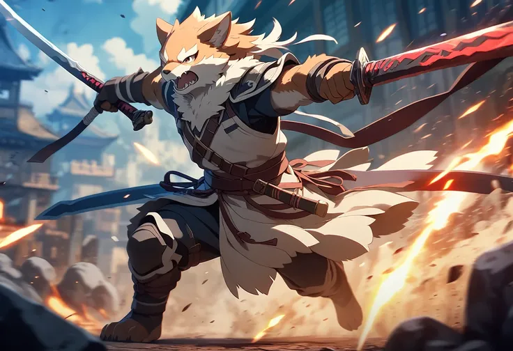 top quality, high-quality illustrations((masterpiece))depth of field, motion blur, absurdres, Perfect Anatomy, magnificent picture of kemono fighting fierce battles, kemono, 1boy, solo focus, Anthro((dramatic))epic, weapon, dynamic pose, One scene of movie...