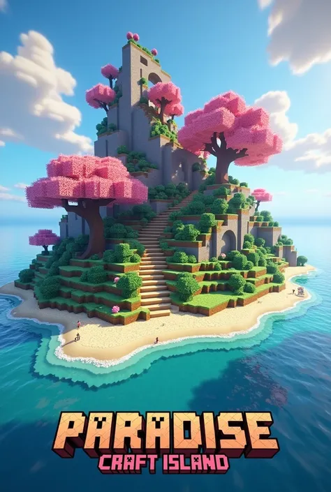 A minecraft paradise island with cherry trees mark Paradise Craft Island in minecraft typography
