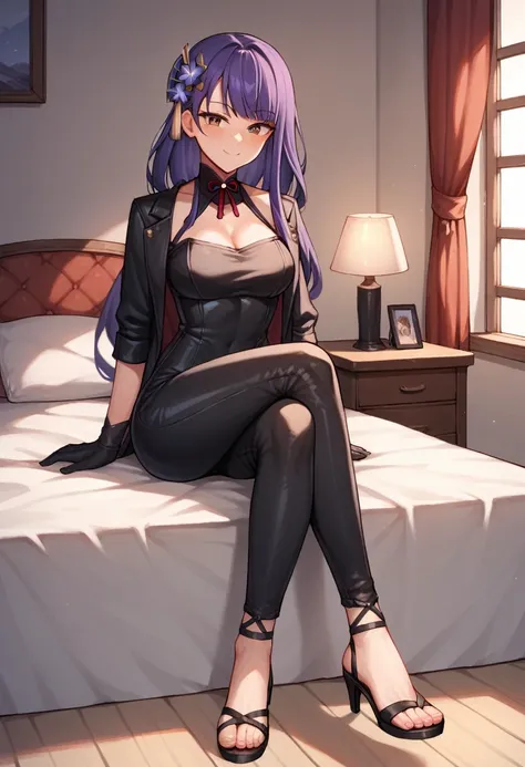 score_9, score_8_up, score_7_up, score_6_up, score_5_up, score_4_up, source_anime, 1girl,lora:raidenshogun1-000009:1>, raidenshogundef, upper body, sexy smile, bed, purple hair, hairpins, brown eyes, long hair, leater jacket, black dress, pants, black high...