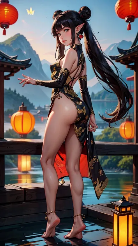 1girl, (Miyu Edelfelt),loli,black hair,brown eyes,seductive smile,nsfw, barefoot, see-through dress, butterfly, butterfly hair ornament, backless dress, chinese clothes,sleeveless, double bun,golden dragon print,bare foot,,elbow gloves,hair bun, hair ornam...