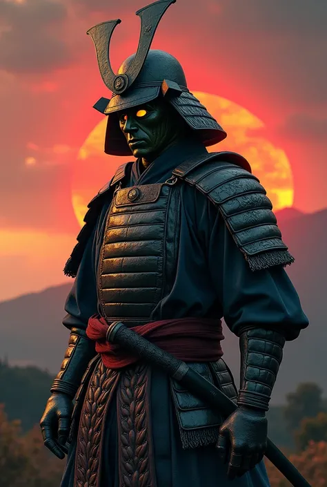 Pickle man, samurai mask, samurai costume, realist, sunset, musashi.