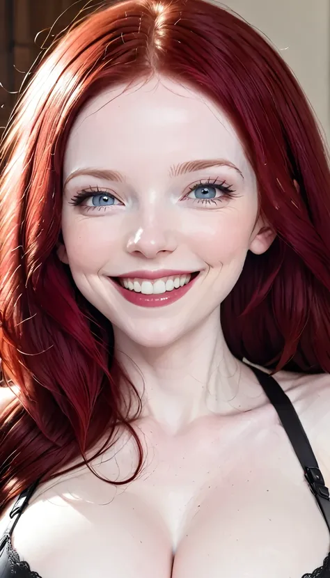 pale skin, deep red hair, huge breast, bdsm, smile, open vagina