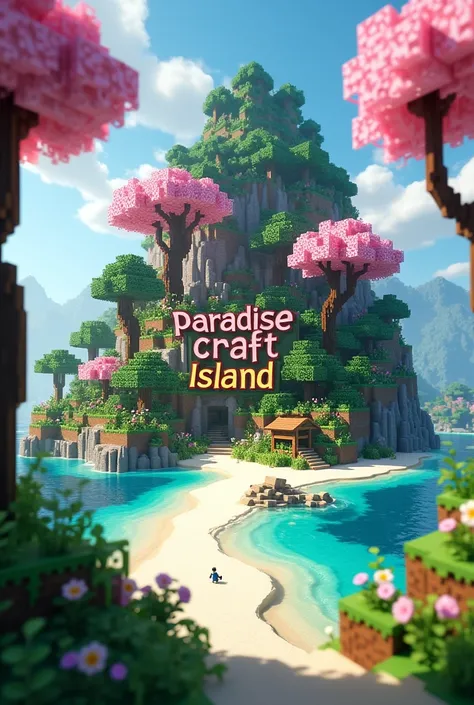 A minecraft paradise island with cherry trees mark Paradise Craft Island in minecraft typography
