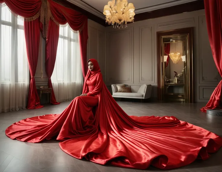 a woman shrouded in a 4-meter-long, plush red satin cloth, tightly bound and grandly draping along the form of her body, flowing...