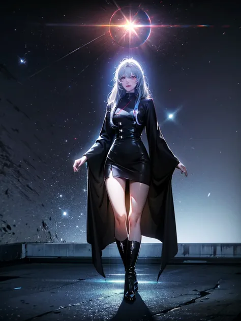 Girl with long white hair down to her waist, with small red details, red eyes, long black dress with a leg slit, with red details, long black boots up to below the knees, white skin, the ground around her is cracking and small stones are floating around he...