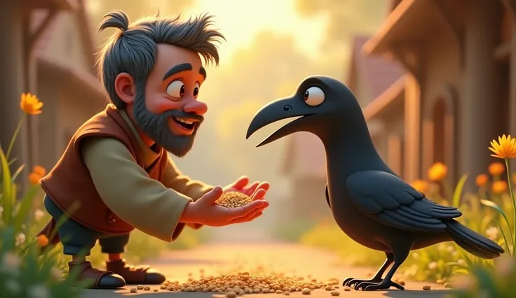 In cinematic 3D cartoon style. The Man Offering Grain: The man, with a gentle smile, extends his hand to offer a handful of grains to the crow, who eagerly approaches.