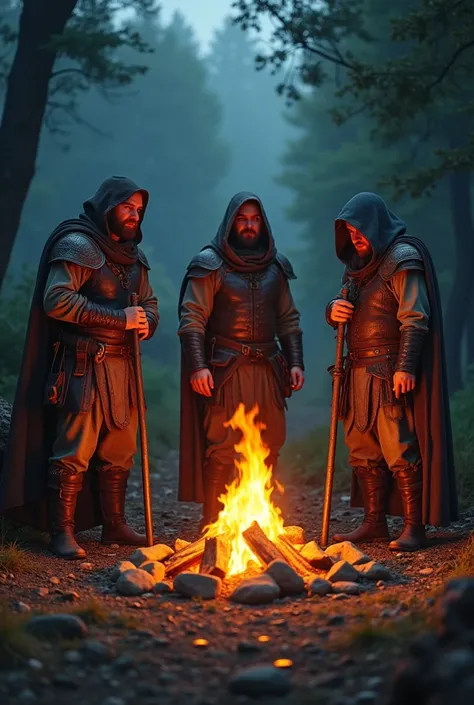 a group of 3 medieval fantasy adventurers around a campfire
