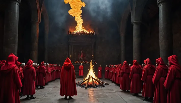 a ceremony that takes place inside a large dark room, a crowd of red-hooded priests stand around a pyre, in the center of it we have a woman with her back naked coming out of the flames, she has white hair, a dark scene where flames are the only source of ...