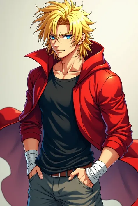  
Create a male anime character with a look that evokes the strength of a Saiyan warrior. Imagine a young man with blond hair, thick and a little long, reaching the shoulders. The cut is similar to Seiya&#39;s from Knights of the Zodiac, with bangs coverin...