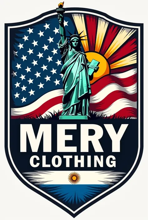 A clothing logo that says in Spanish: MERY CLOTHING . That has the United States flag in the background, another argentine flag with 3 stars on the argentine flag and the sun and the statue of liberty. 