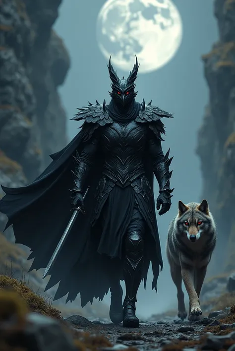 Make a warrior with black armor that imitates an owl, and a black cape, walking at night in a dark valley, with a gray sword in his hands, accompanied by a giant wolf with red eyes, and an owl 