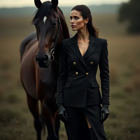 Masterpiece, realism, digital art, close up portrait of a model with a horse, all black elegant suit, black knee boots, black gloves, natural lighting, bokeh