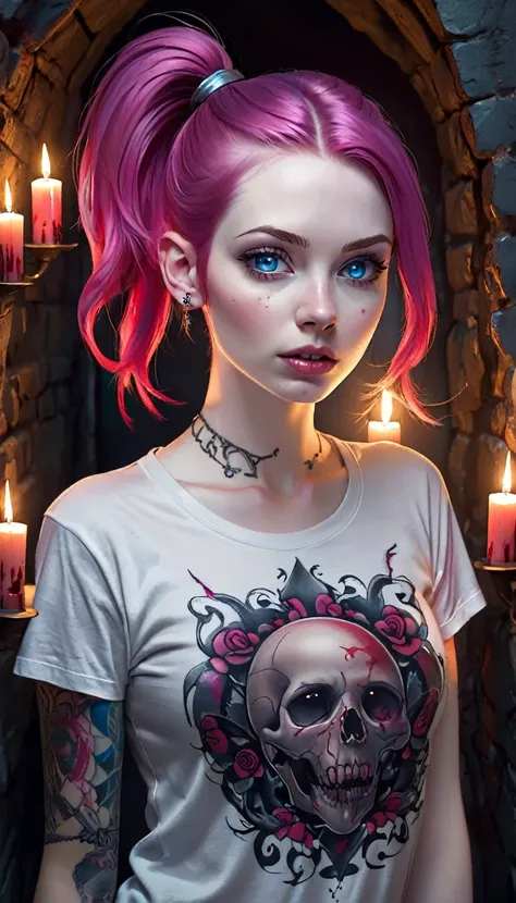 skini girl, grey t-shirt , (((((pale skin)))))), blue eyes, white girl, deep pink hair,  ultra realistic, 16 years old, large br...