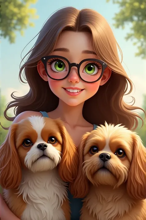 I create a 2D image, me with long, light brown hair, green eyes and I wear glasses. not sofa, with my two Lhasa dogs, one gray and the other black.