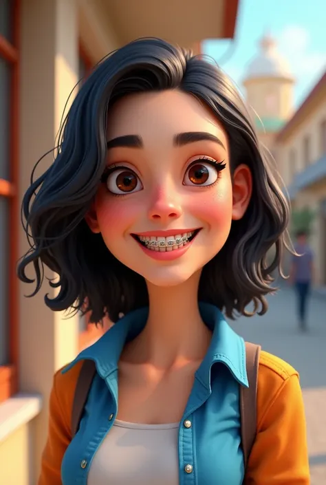 create a 3D image/cartoon portrait, of a 29 year old woman, wavy bob hair, dark eyes, blue and orange blouse, braces on her teeth, freckles on her face, at school