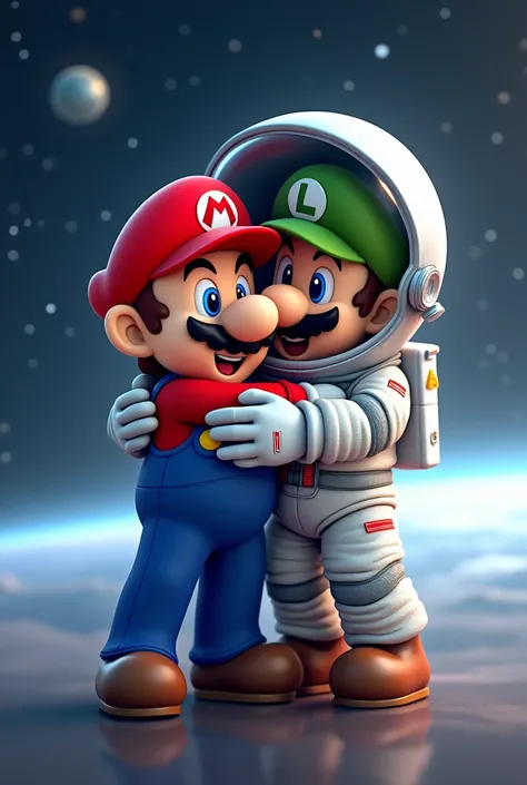 Mario Bros hugging an astronaut in the universe. happy.