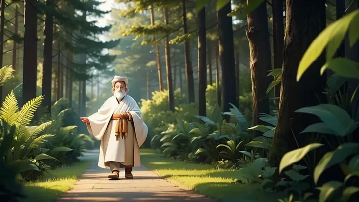 a man walking through the forest with robe in his hand. clear view of cartoon