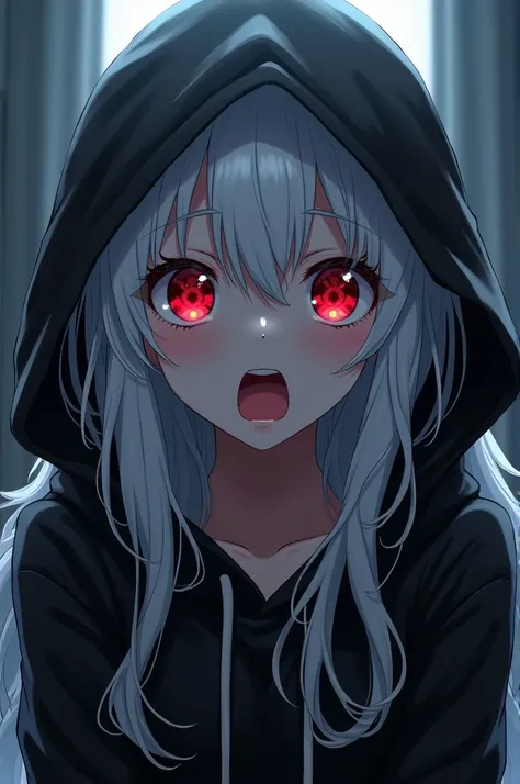 Anime girl with long white hair and red eyes wearing a black hoodie looking horror and surprised 