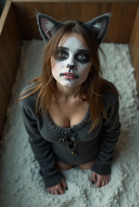 A  confused 18 year old Russian girl wearing a realistic cat costume  standing in a litter box with white gravel shot from above as she looks at the camera. Big breasts. Wearing cat makeup . Fangs