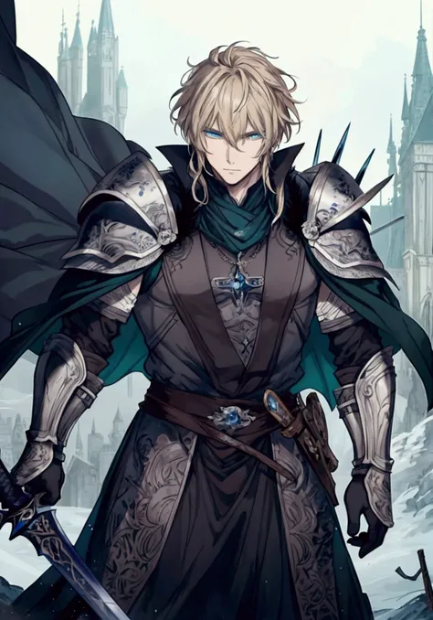 (Masterpiece), ((Highest Quality)),(Official Art),dark epic:1.2),(1 solo anime man: 1.3). A badass warrior king with cropped blonde hair, cyan eyes, and imposing build. He wields a giant sword and a regal armor with fur cape, standing on a battlefield duri...