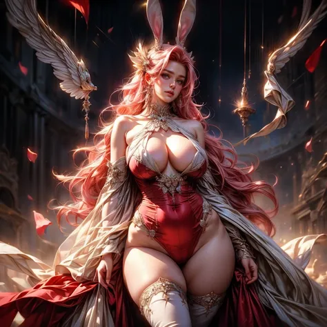 Best Quality, masterpiece, realist, meticulous detail, A beautiful and ethereal woman in an ethereal sky., big chest, very long legs, big hips, striking, sexy, happy, ray tracing, pink hair, (rabbit ears)
