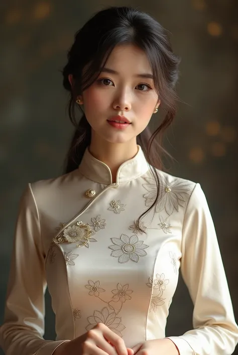 Vietnamese female student, wearing ao dai, very big breasts