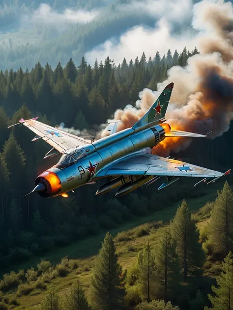 a mig-21 fighter jet, side view, flying high over lush pine forest, morning, burning tail, plane on fire, 1960s, hyperrealistic,...