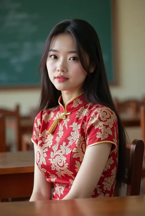 Vietnamese female student, sit in the classroom, wearing ao dai, very big boobs.