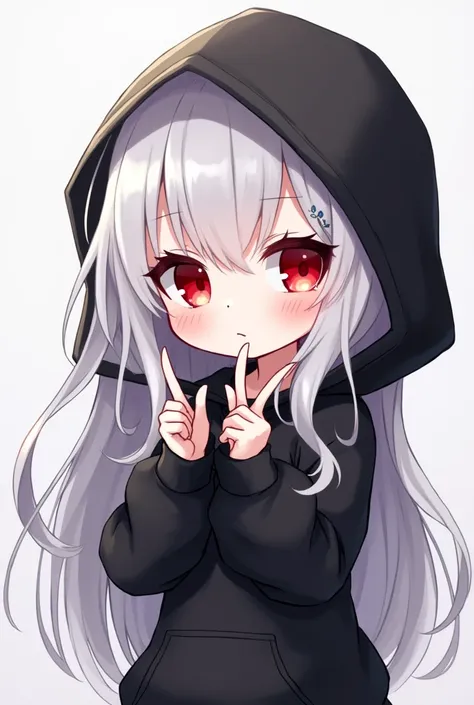 Chibi anime girl with long white hair and red eyes wearing a black hoodie with her hands in a v shape 